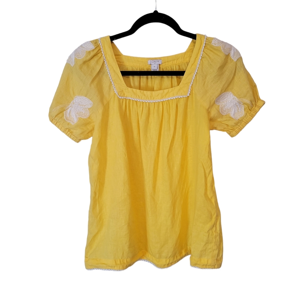 J.Crew Linen Yellow Embroidered Puff Sleeve Peasant Top Cottagecore Coastal XS